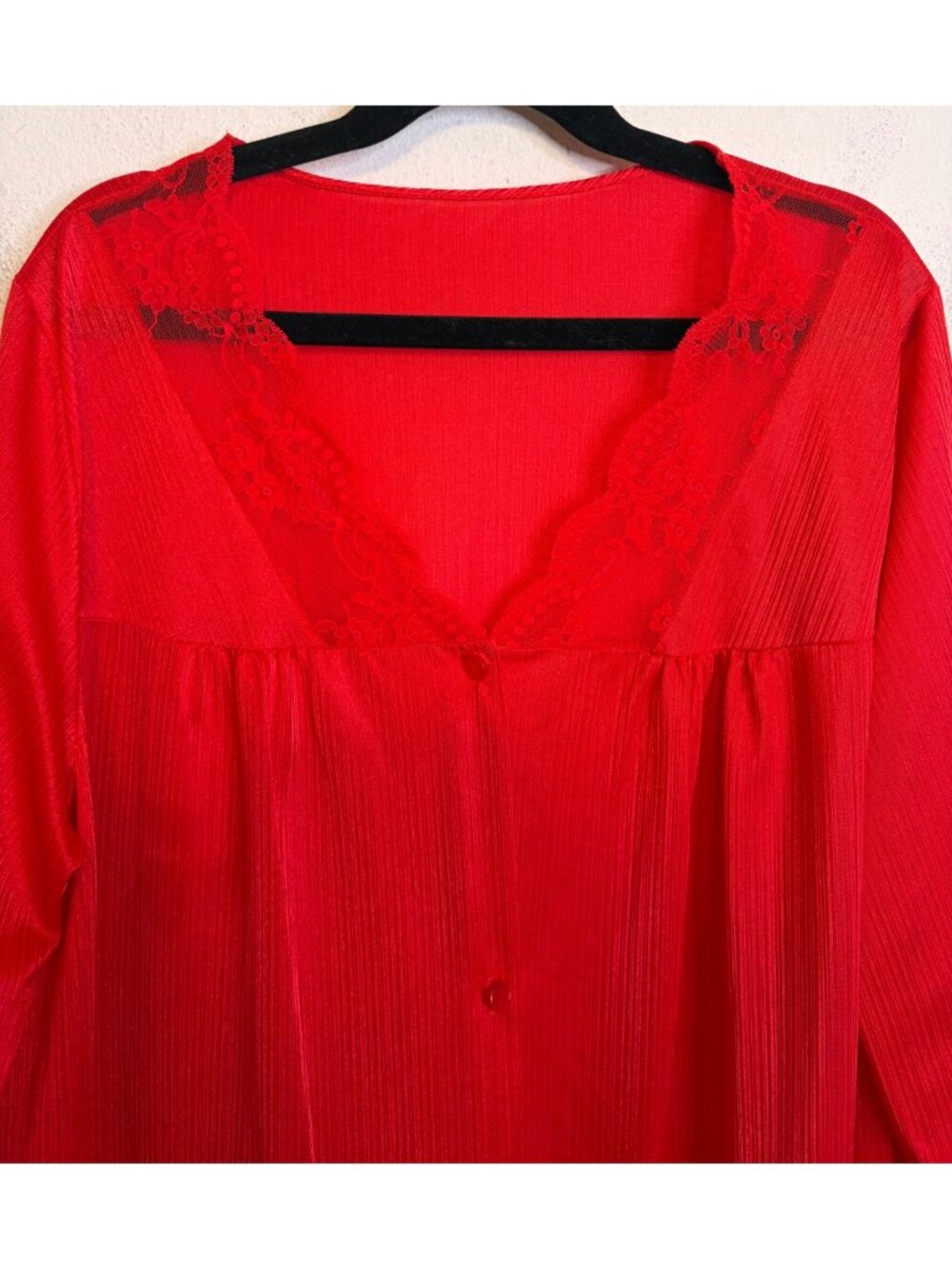 Vintage TEXSHEEN USA Red Lightweight Robe Button Lace Trim MEDIUM Nylon